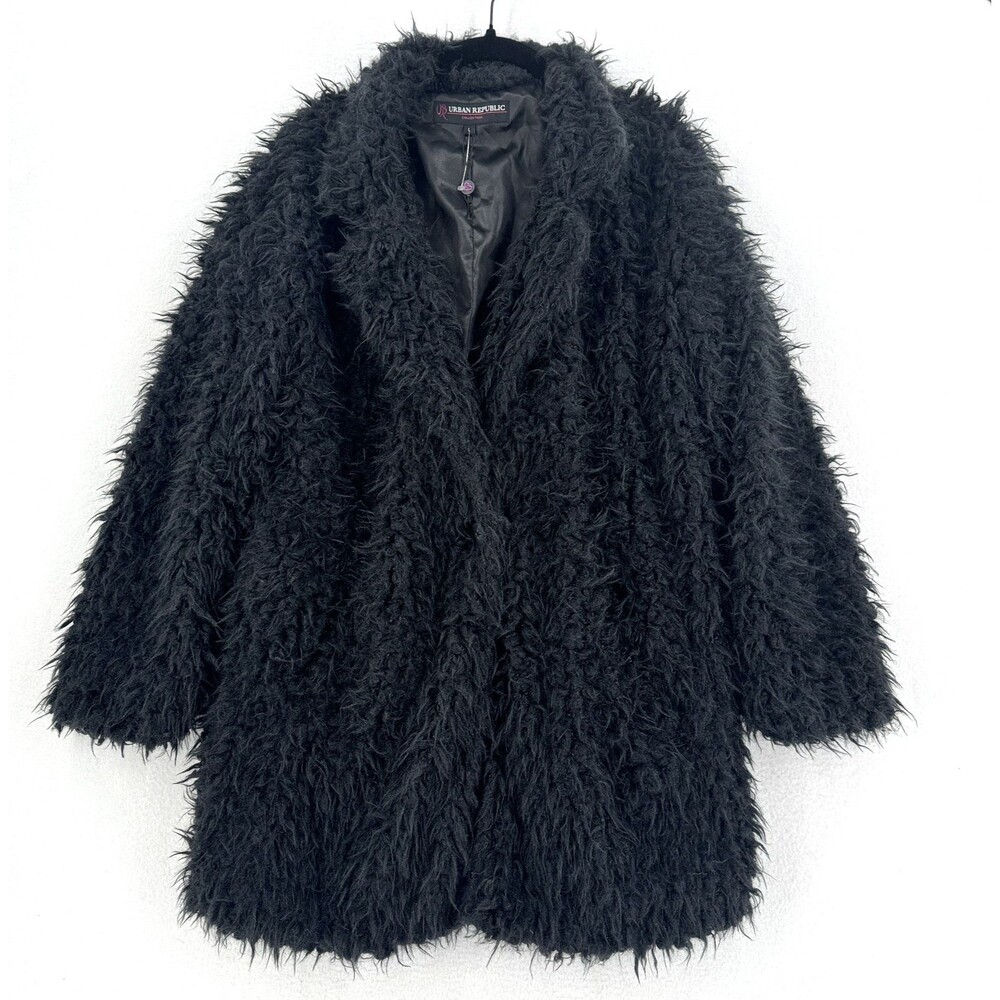 Urban Republic Shaggy Faux Fur Coat Women L Black Teddy Longline Fuzzy Jacket